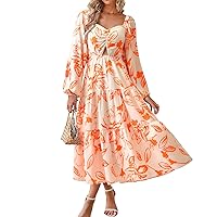 BTFBM Women Fall Dresses 2023 Casual Square Neck Puff Long Sleeve Smocked Cut Out Boho Floral Flowy Long Maxi Dress
