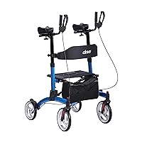 Drive Medical Elevate Upright Walker with Seat and Armrests, Standing Rollator with 10 Inch Wheels, Folding Standup Walker for Seniors, Upright Rollator, Tall Forearm Walker for Erect Posture, Blue