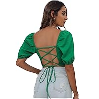 Women's Tops Sexy Tops for Women Shirts Lace Up Backless Puff Sleeve Top (Color : Green, Size : Small)