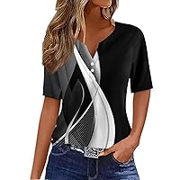 Women's Print Button Short Sleeve Daily Weekend Fashion Basic Henley Blouses 2024 Trendy T Shirts Tops