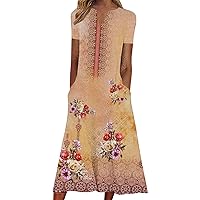 Maxi Dresses for Women,2023 Spring Summer Boho Flower Pattern Casual Fashion Short Sleeve Beach Dress for Holiday