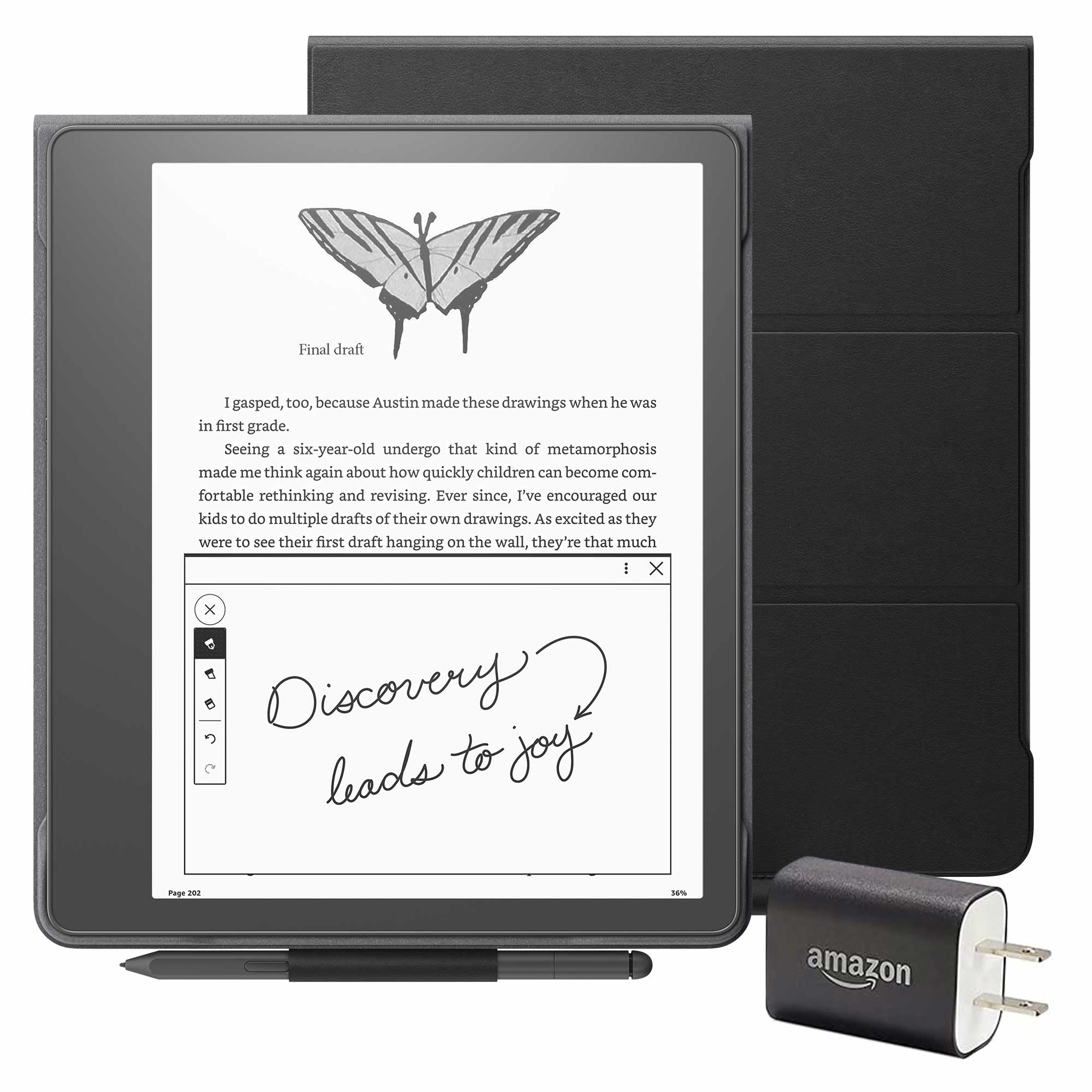 Kindle Scribe Essentials Bundle including Kindle Scribe (32 GB), Premium Pen, Leather Folio Cover with Magnetic Attach - Black, and Power Adapter