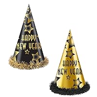 Beistle 25 Piece Black & Gold Happy New Year Party Hats, NYE Favors Photo Booth Props, Made In USA Since 1900