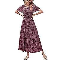 Women's Boho Floral Long Dress Crewneck Short Sleeve High Waisted Ruffle Hem Calf Length Casual Tunic Maxi Dress