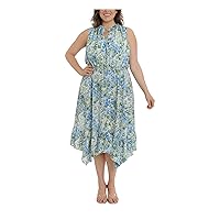 London Times Womens Blue Stretch Printed Sleeveless Tie Neck Midi Party Fit + Flare Dress Plus 18W