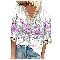 Women's 3/4 Sleeve Tops V Neck Patchwork Favorite Ballet Tee T-Shirt Fashion Graphic Lounge Tunics Hippie Clothes