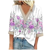 Womens Tops 3/4 Sleeve v-Neck Cute Shirts Casual Print Trendy Tops Three Guarter Length T Shirt Spring Summer Pullover