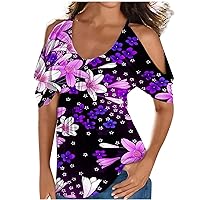 Women Cold Shoulder Floral Babydoll Tops Summer Short Sleeve Crew Neck Cute Shirts Fashion Casual Loose Fit Blouses