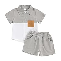 fhutpw Toddler Boy Patchwork Summer Outfits Short Sleeve Button Down Shirt Tops & Casual Shorts Sets Baby 2T 3T 4T 5T Clothes