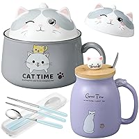 Set of 2 Ceramic Cat Mug and Ramen Bowl with Lid 15.2 oz Microwave Cat Coffee Cup 34.5 oz Cat Ramen Bowl with Lid Chopsticks Spoon for Cat Lovers Christmas Birthday Gifts(Gray, Purple)