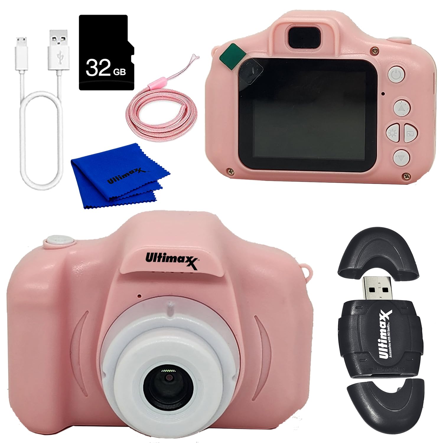Ultimaxx Essential Kid’s Digital Camera Bundle (Pink) - Includes: 32GB microSD Card, High-Speed Memory Card Reader with Internal microSD Slot, Lanyard, Microfiber Cloth & More (6pc Bundle)