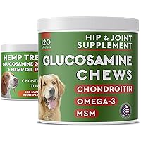 Hemp + Glucosamine Dog Treats for Picky Eaters Bundle + Hip & Joint Supplement w/Hemp Oil Chondroitin MSM Turmeric + Omega-3 - Natural Pain Relief + Chicken Flavor - 120 x 2 Soft Chews - Made in USA