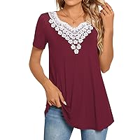 CATHY Women Summer Tunic Tops Short Sleeve T-Shirt V-Neck Crochet Lace Blouses Casual Pleated Pullover