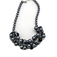 TFJ Women Dressy Fashion Short Necklace Blue Imitation Pearl Beads Chunky Strands