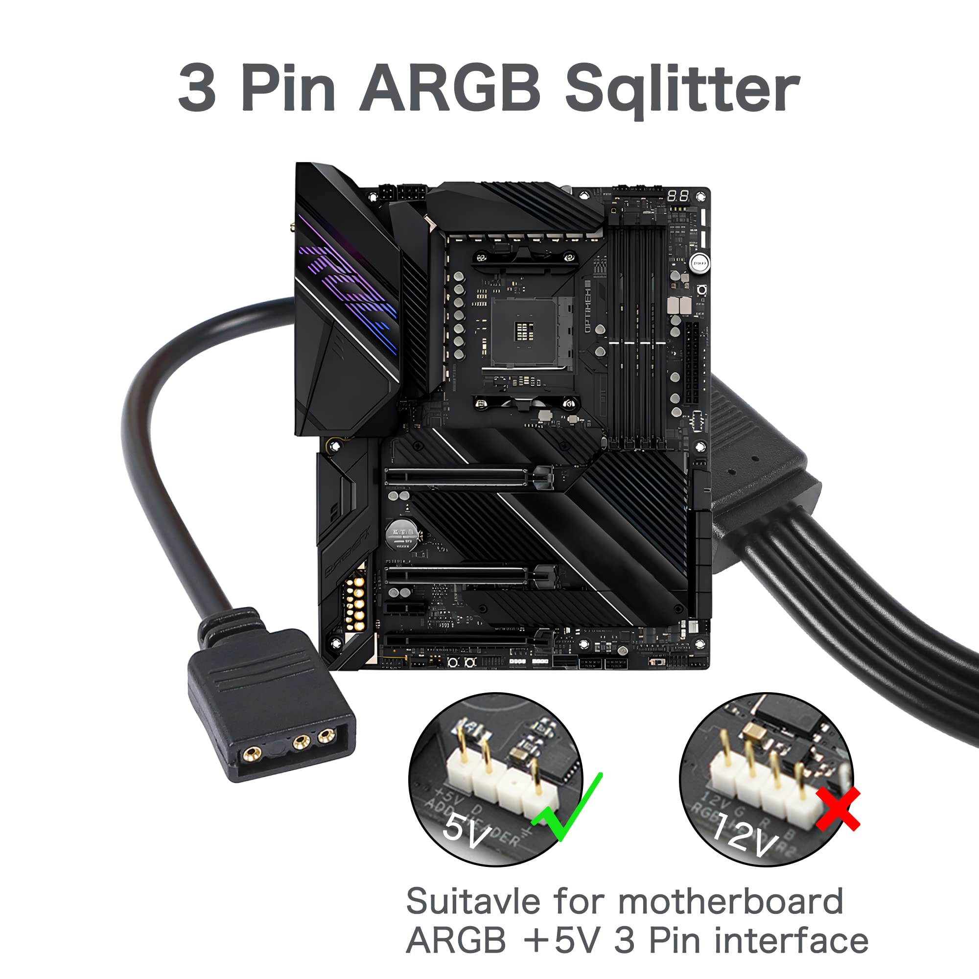 YACSEJAO ARGB Splitter Cable 5V 3Pin Addressable RGB 1 to 3 Splitter Cable with Male Pins for Computer Chassis, CPU Cooler and 5V ARGB Fan