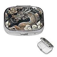Pill Box 3 Compartment Square Small Pill Case Travel Pillbox for Purse Pocket Black Oriental Dragon Metal Medicine Organizer Portable Pill Container Holder to Hold Vitamins Fish Oil and Supplements