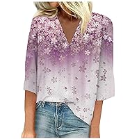 Women's Three Quarter Sleeve Tops V Neck Shirts Women 2023 Trendy Summer Floral Shirt Loose Graphic Tee Blouse