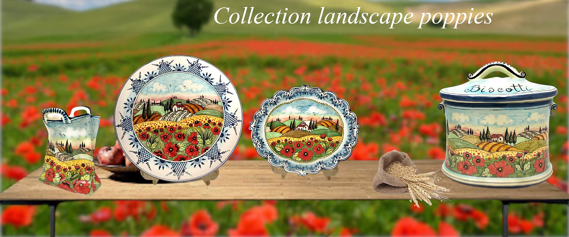 CERAMICHE D'ARTE PARRINI- Italian Ceramic Garlic Brings Jar Holder Hand Painted Made in ITALY Decorated Poppies Landscape Tuscan Art Pottery