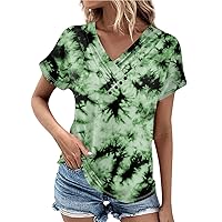 Shirts for Women Trendy Retro Floral Printed T-Shirt Pleated Button V-Neck Tshirt Fashion Short Sleeve Tops Casual