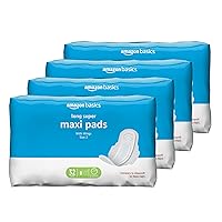 Amazon Basics Thick Maxi Pads with Flexi-Wings for Periods, Long Length, Super Absorbency, Unscented, Size 2, 128 Count, 4 Packs of 32 (Previously Solimo)