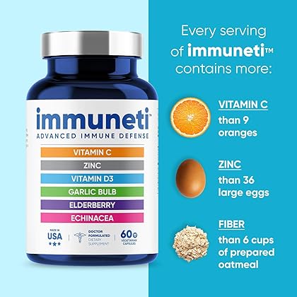 Immuneti - Advanced Immune Defense, 6-in-1 Powerful Blend of Vitamin C, Vitamin D3, Zinc, Elderberries, Garlic Bulb, Echinacea - Supports Overall Health, Provides Vital Nutrients & Antioxidants