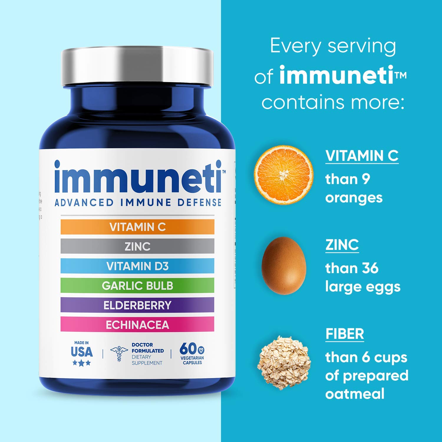 Immuneti - Advanced Immune Defense, 6-in-1 Powerful Blend of Vitamin C, Vitamin D3, Zinc, Elderberries, Garlic Bulb, Echinacea - Supports Overall Health, Provides Vital Nutrients & Antioxidants
