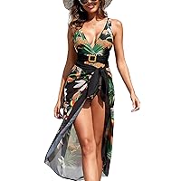 IMEKIS Women Swimsuit with Sarong Set Trendy Floral Leaves Print Swimwear Coverup Summer Beach Vocation Outfit