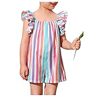 Girl's Ruffle Sleeve Rompers Colorful Striped Square Neck Straight Leg Overall Shorts