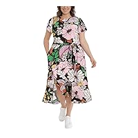 London Times Plus Size Retro Floral Printed Jersey Short Sleeve Maxi Dress Lavender/Gold 2X