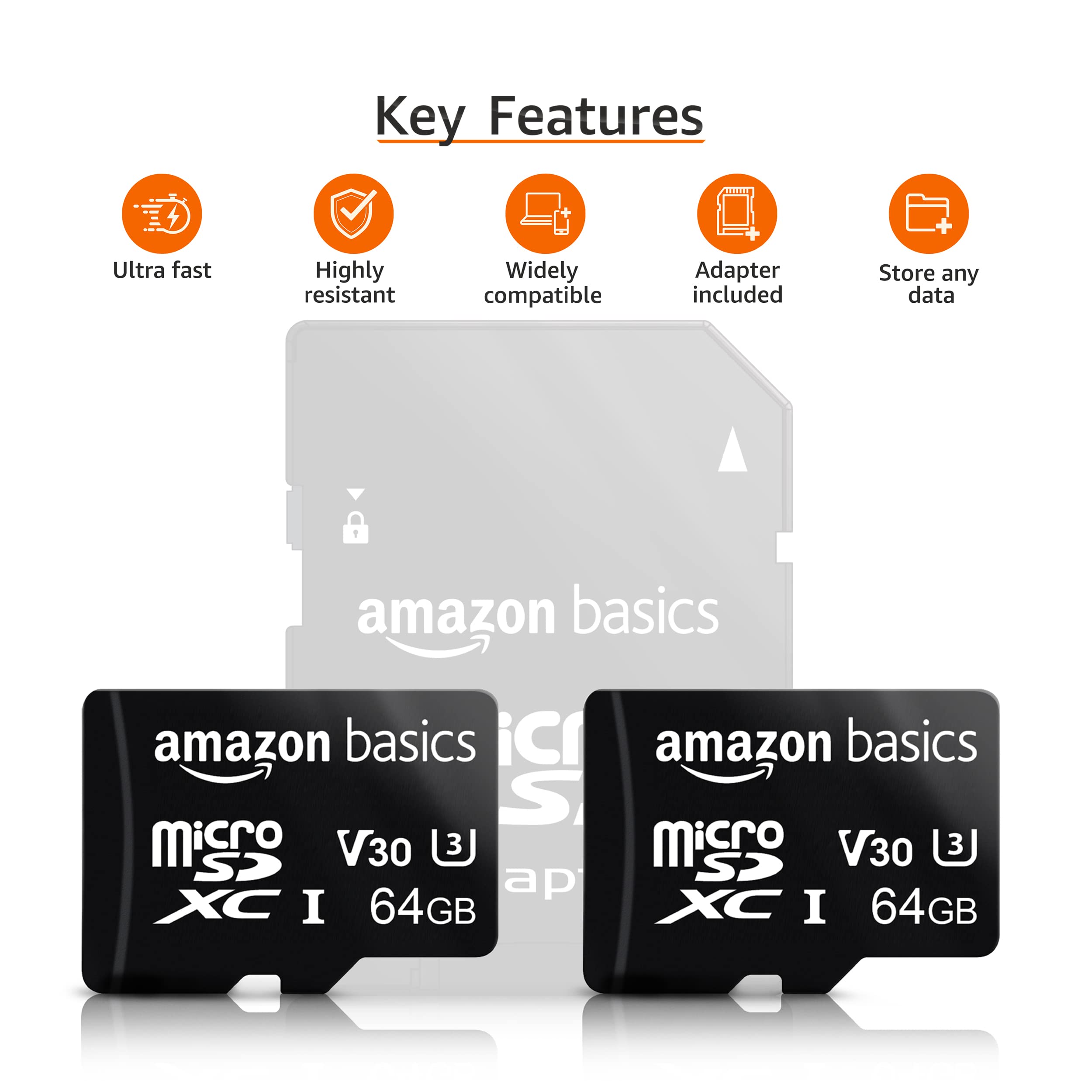 Amazon Basics microSDXC Memory Card with Full Size Adapter, A2, U3, Read Speed up to 100 MB/s, 64 GB, Pack of 2, Black