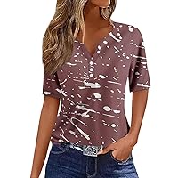 Womens Short Sleeve Tops Fashion Casual Vintage Printed V-Neck Decorative Button T-Shirt Top