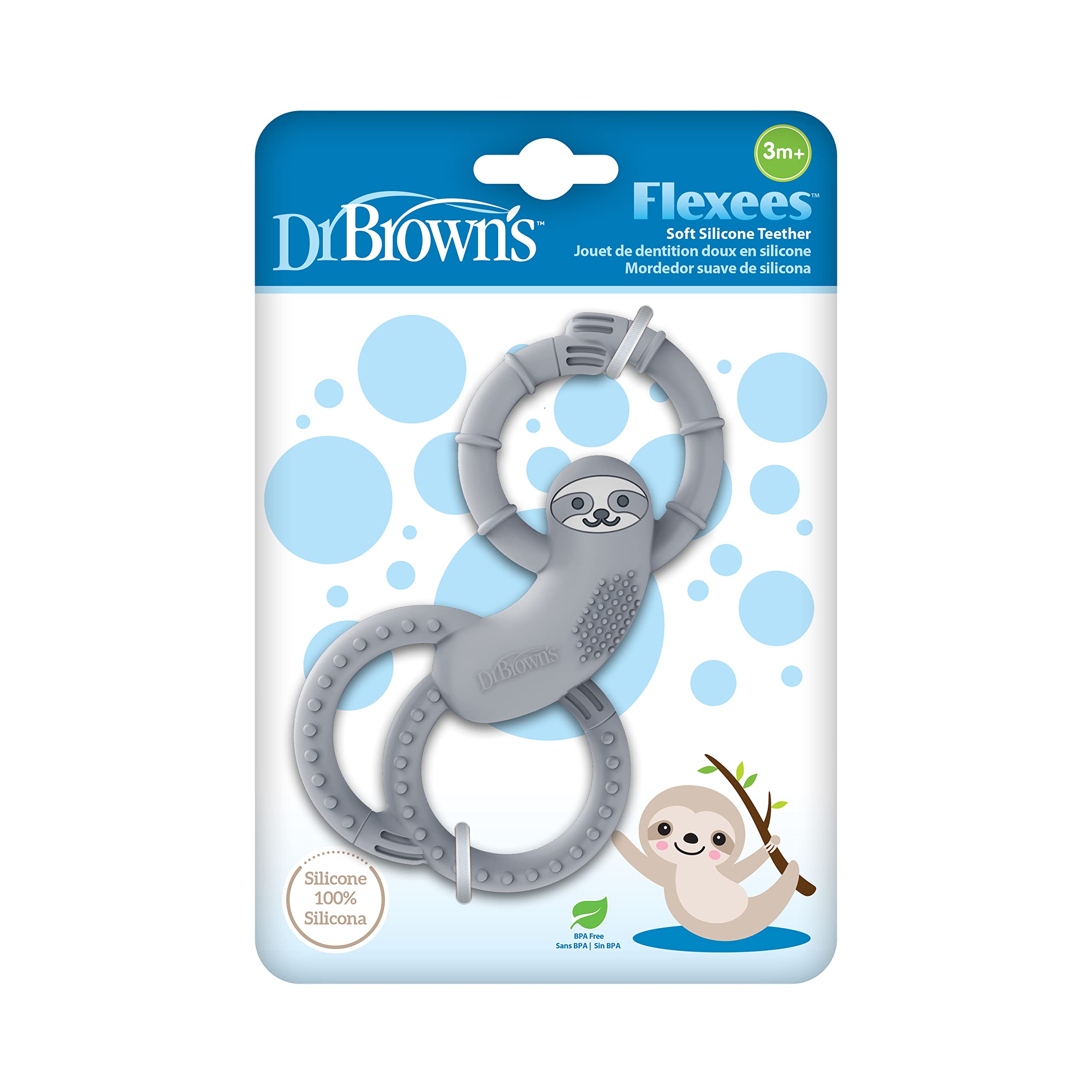 Dr. Brown's Flexees Gray Sloth, Soft 100% Silicone Baby Teether, BPA Free, 3m+