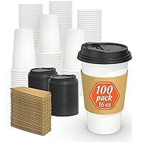 100 Pack 16 oz Disposable Coffee Cups with Lids and Sleeves, Sturdy Thick Paper & Leak-free Insulated to Go Coffee Cups with Lids, Paper Hot Coffee Cups for Hot & Cold Beverage