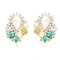 Rhinestone Pearl Drop Earrings Sparkly Faux Pearl Statement Earring Studs for Women Wedding Prom