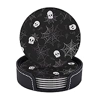 Drink Coasters Set of 6 Leather Coasters with Holder Halloween Goth Round Coaster for Drinks Tabletop Protection Cup Mat Heat Resistant Coffee Cup Mat 4