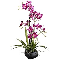 Studio 55D Potted Silk Faux Artificial Flowers Arrangements Realistic Purple Cattleya in Square Black Ceramic Pot for Home Decoration Living Room Office Bedroom Bathroom Kitchen 23