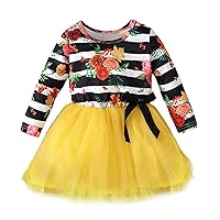 Toddler Girl's Long Sleeve Striped Floral Print Patchwork Tulle Dress for 0 to 5 Years Girl Cat Dress