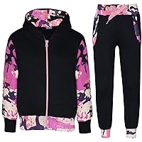 Girls Plain And Camo Baby Pink Tracksuit Contrast Hoodie With Joggers Sweatpants Activewear Set Age 2-13 Years