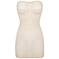 YiZYiF Women's Sexy Strapless Plain Sheering Fishnet Tube Top Bodycon Midi Dress