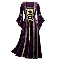 Women's Flared Sleeve Renaissance Gothic Dress Halloween Costumes Medieval Victorian Dress Velvet Lace Up Maxi Dresses