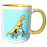 3dRose mug_220842_8 Yellow Dinosaur with Bike on Blue and White Starry Background, Mug, 11 oz