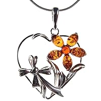 Baltic amber and sterling silver 925 designer cognac flower leaf pendant necklace - 10 12 14 16 18 20 22 24 26 28 30 32 34 36 38 40