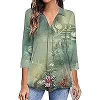 Women Boho Floral 3/4 Sleeve Lapel V Neck Casual Tunic Tops Summer Trendy Dressy Loose Tee Blouses for Office Work