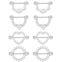 Tornito 4 Pairs Nipple Ring Stainless Steel CZ Leaf Heart Barbell Nipple Tongue Ring Studs Body Piercing for Women 14G