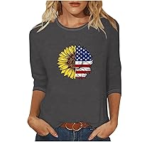 4th of July Shirts Women 3/4 Sleeve Summer Tops Sunflower American Flag Patriotic T Shirt Casual Independence Day Tee Tops