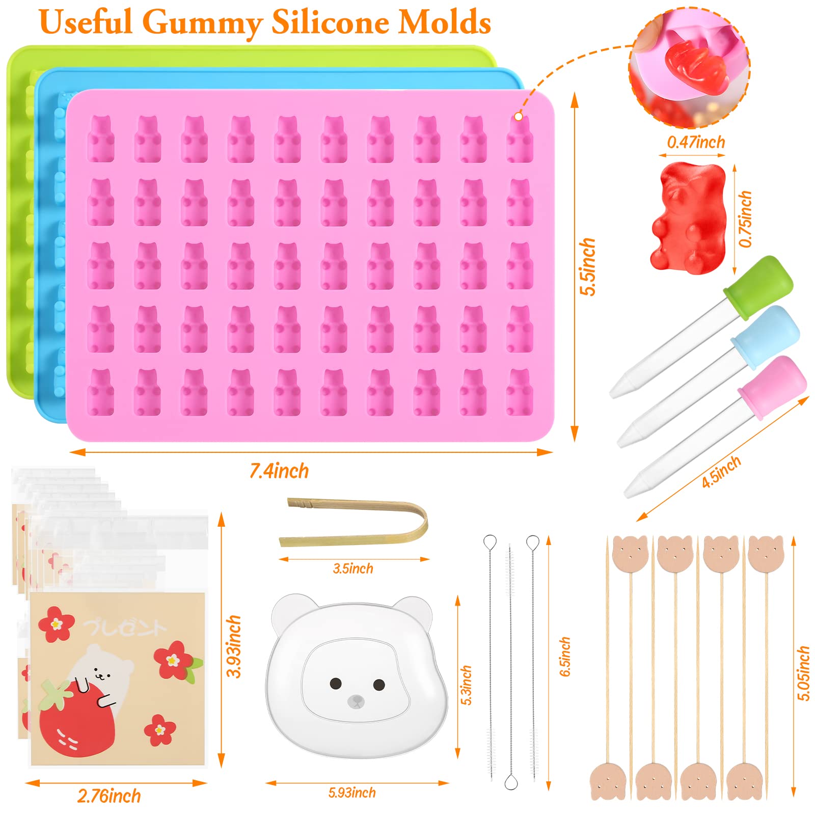 Gummy Candy Molds Silicone Gummy Bear Mold - Silicone Gummy Molds for Candy Gummy Jelly - Bear Candy Mold Nonstick Food Grade 3 Packs 150 Cavities with 48 Accessories Cute Mini Silicone Molds YLhao