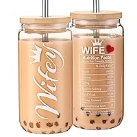 Mother's Day Birthday Gifts for Wife Anniversary Wedding Gift Ideas, Bridal Shower Bride to be Gifts Wifey Nutrition Facts Iced Coffee Glass Cup with Bamboo Lid Mason Jar 16 Oz