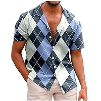 Hawaiian Plaid Printed Shirt for Men Tropical Summer Beach Loose Fit Tees Button Up Lapel Comfortable T-Shirts