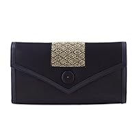 NOVICA Hand Embroidered Satin Leather Accent Clutch Black from India Gold Tone Evening 'Evening Elegance'