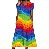Summer Casual T-Shirt Dresses for Women Rainbow Stripe Printed Beach Dress Color Block Short Sleeve Maxi Dresses